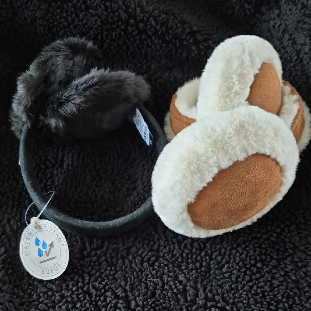Water Resistant Suede Earmuffs - Brown and Cream